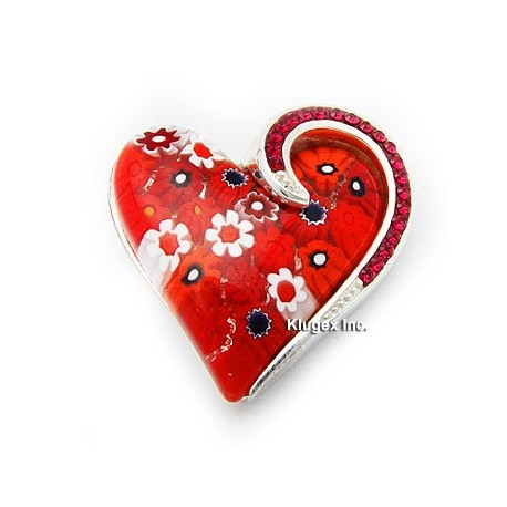 Millefiori Sterling Silver Heart Pendant W/ Swarovski Crystal