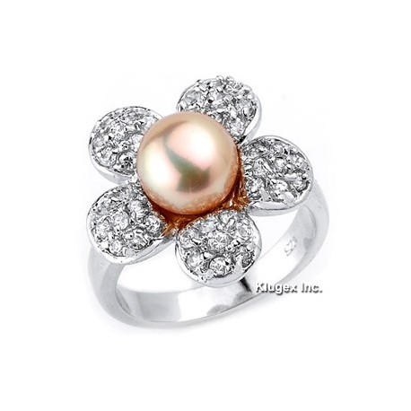 Sterling Silver Flower Ring With Pearl & CZ Size 5
