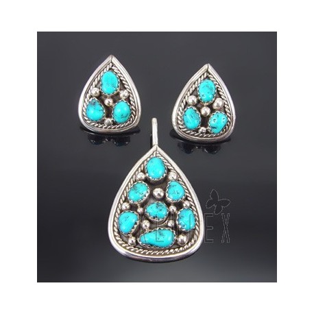 Native American Sterling Silver Earrings & Pendant Set w Turquoise