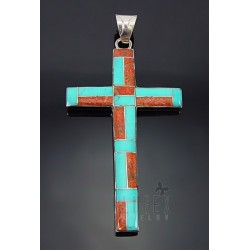 Large Sterling Silver Cross Pendant w Inlay