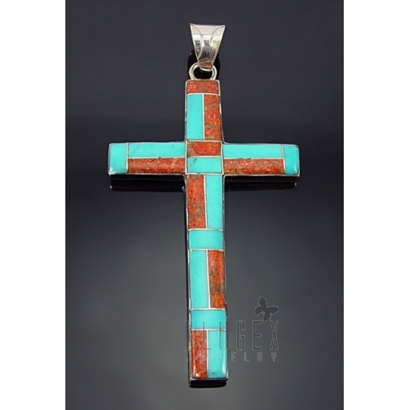 Large Sterling Silver Cross Pendant w Inlay