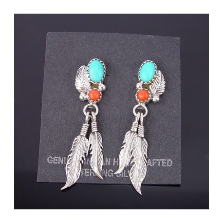 Native American Sterling Silver Earrings w Turquoise & Coral