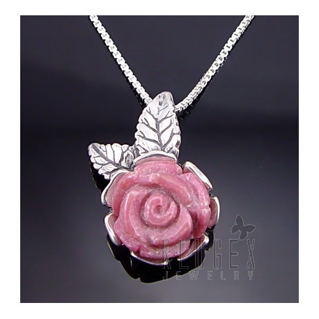 Sterling Silver Rhodonite Rose Pendant w Chain