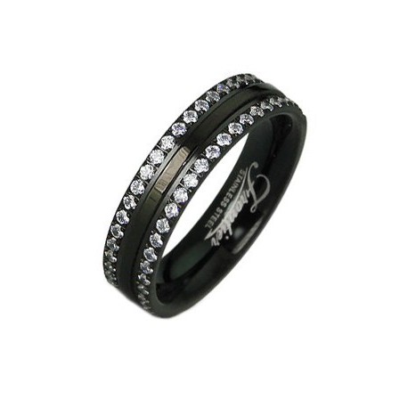 Black Stainless Steel Band Ring w CZ Size 6