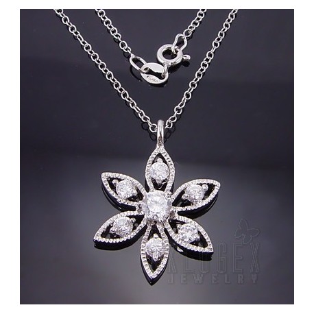 Sterling Silver Flower CZ Pendant w Chain