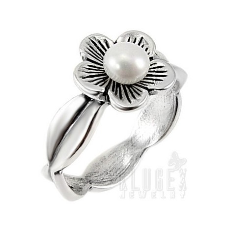 Sterling Silver Flower Ring with Pearl Size 7