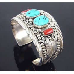 Native American Sterling Silver Cuff Bracelet with Turquoise & Coral