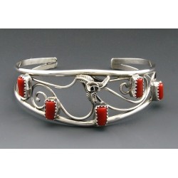 Native American Sterling Silver Cuff Bracelet with Coral