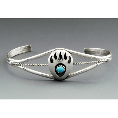 Sterling Silver Bear Paw Cuff Bracelet with Turquoise