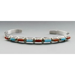 Native American Sterling Silver Cuff Bracelet with Turquoise and Coral