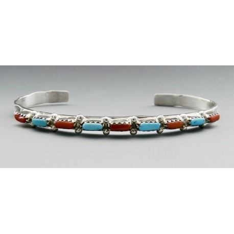 Native American Sterling Silver Cuff Bracelet with Turquoise and Coral