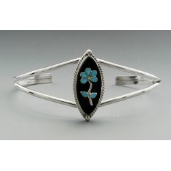 Native American Sterling Silver Cuff Bracelet with Onyx and Turquoise