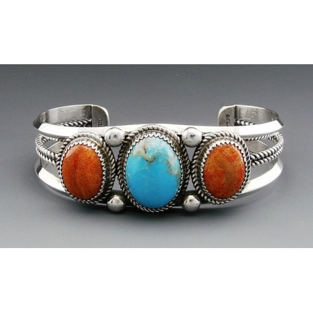 Sterling Silver Cuff Bracelet with Coral and Turquoise 