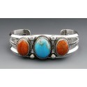 Sterling Silver Cuff Bracelet with Coral and Turquoise 