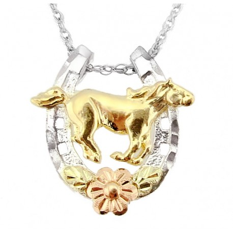 Black Hill Gold Sterling Silver Horseshoe and Horse Pendant with Chain 