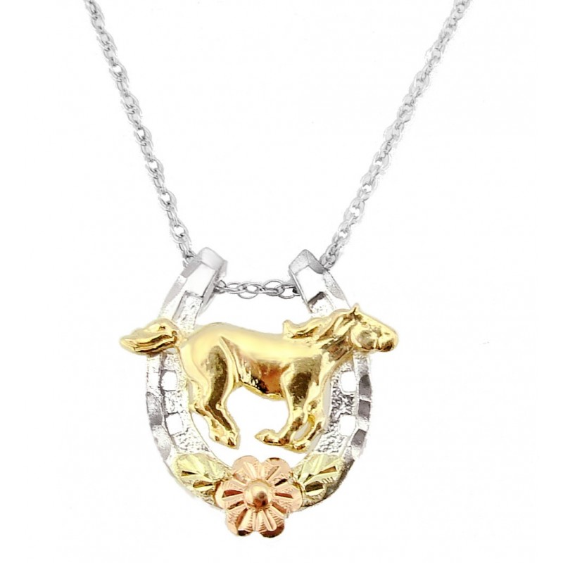 Black Hill Gold Sterling Silver Horseshoe and Horse Pendant Necklace ...