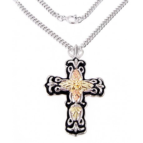 Black Hills Sterling and 12K Gold Cross Pendant w Necklace