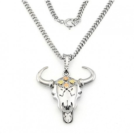 Black Hills Sterling and 12K Gold Buffalo Skull Pendant with Chain 