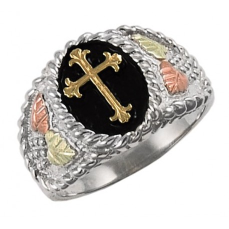 Black Hills Gold on Sterling Silver Ring with 10K Gold Cross 