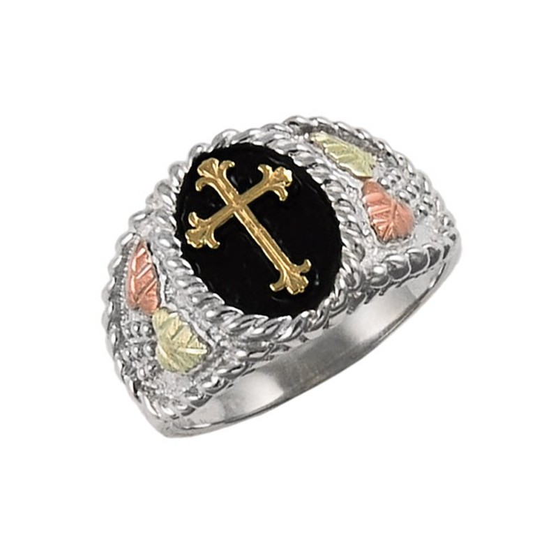 Black Hills Gold on Sterling Silver Ring with 10K Gold Cross - jewelry.farm