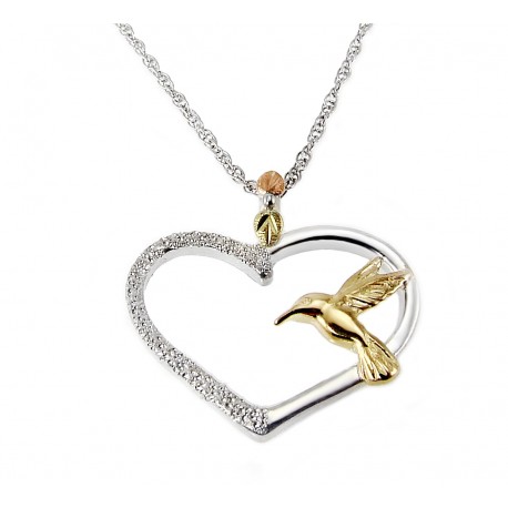 Black Hills Gold and Sterling Silver Heart Pendant with Hummingbird 