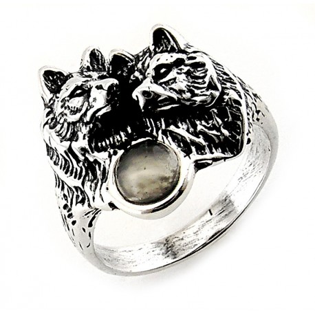 Sterling Silver Wolf Ring with Moonstone 