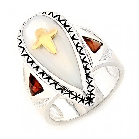 Southwestern Sterling Silver Ring with Mother of Pearl and 14K Dragonfly