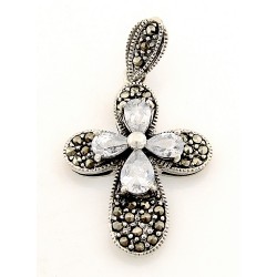 Sterling Silver Marcasite Cross Pendant with CZ