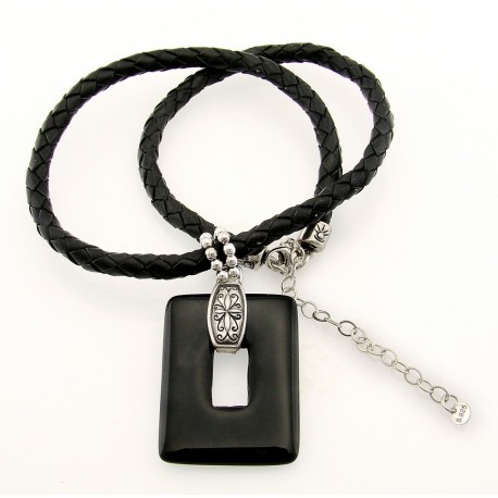 Black Leather Sterling Silver Necklace with Onyx Pendant