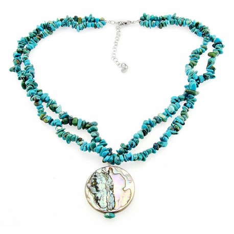 Sterling Silver 2 Strand Turquoise Necklace w Mother of Pearl Pendant