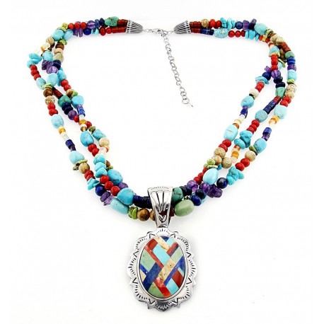 Southwestern Gemstone Necklace with Large Sterling Silver Inlay Pendant