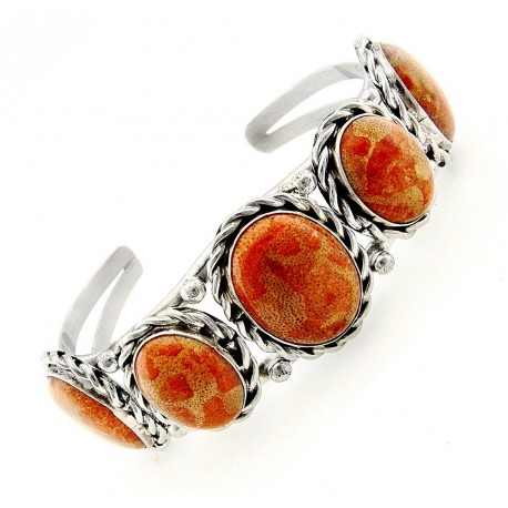 Southwestern Sterling Silver Cuff Bracelet with Coral 