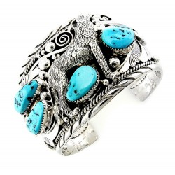 Sterling Silver Cuff Bracelet with Wolf and Turquoise