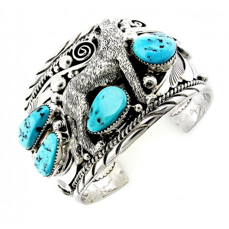 Sterling Silver Cuff Bracelet with Wolf and Turquoise