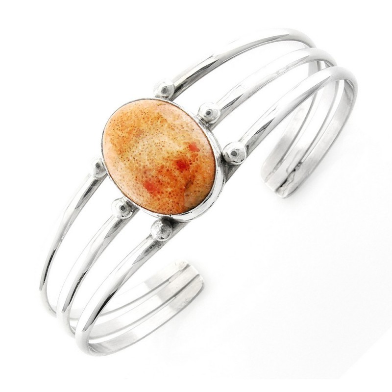 Sterling Silver Cuff Bracelet with Coral - jewelry.farm