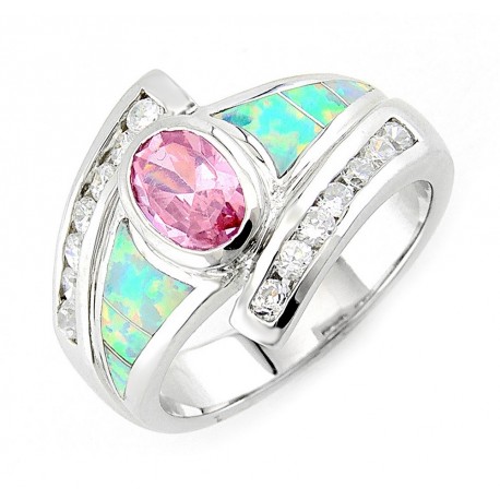 Sterling Silver Opal Ring with Pink CZ