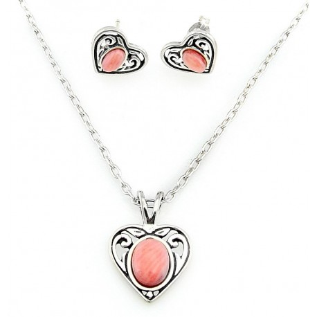 Sterling Silver Heart Necklace and Earring Set with Pink Coral