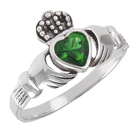 Sterling Silver Claddagh Ring with Synthetic Emerald