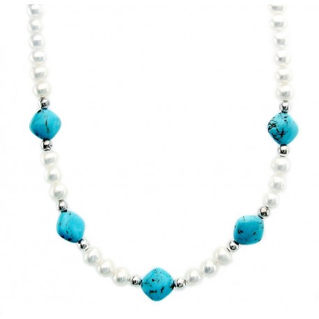 Sterling Silver Turquoise & Pearl Beaded Necklace