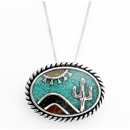 Southwestern Sterling Silver Mosaic Inlay Pin Pendant with Necklace 