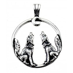 Sterling Silver Wolves with Moon Pendant - Wolf Pendant
