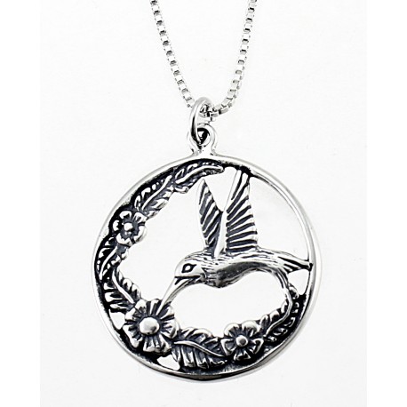 Sterling Silver Hummingbird with Flowers Pendant with Chain