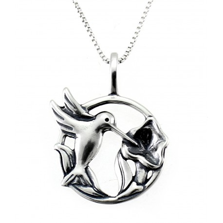 Sterling Silver Hummingbird with Flower Circle Pendant with Chain