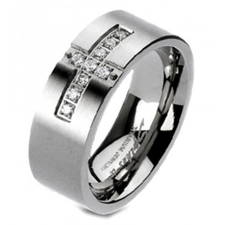 Solid Titanium Cross Paved CZ Band Ring