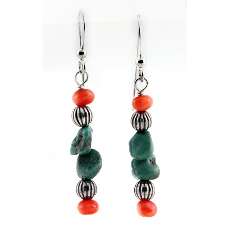 Sterling Silver Turquoise, & Coral Earrings