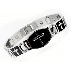 Extra Strength Silver & Black Stainless Steel Magnetic Bracelet with Cross