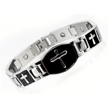 Extra Strength Silver & Black Stainless Steel Magnetic Bracelet with Cross