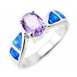 Sterling Silver Ladies Ring with Opal Inlay and Amethyst