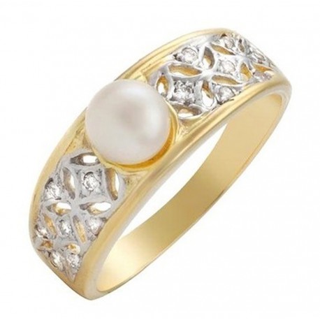 18K Gold Ring w Pearl & Diamond Size 6