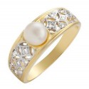 18K Solid Gold Ring w Pearl & Diamond